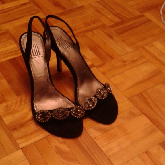 PELLE MODA BLACK SUEDE EMBELLISHED DRESSY SANDAL HEELS - Picture 3 of 4